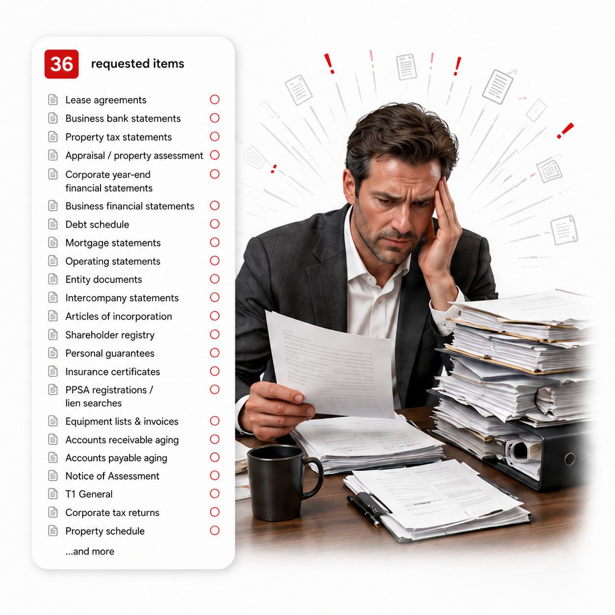 Stressed financing client managing a complex 36-item document request.