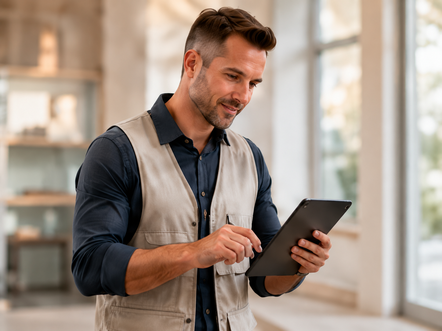 Property appraiser reviewing information on a tablet.