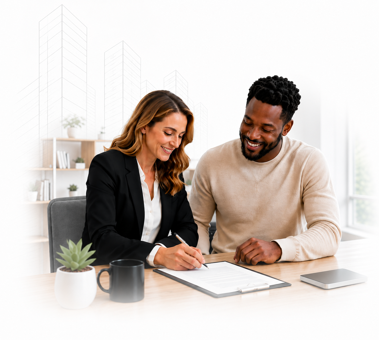 Mortgage agent guiding a client through a simple authorization step.