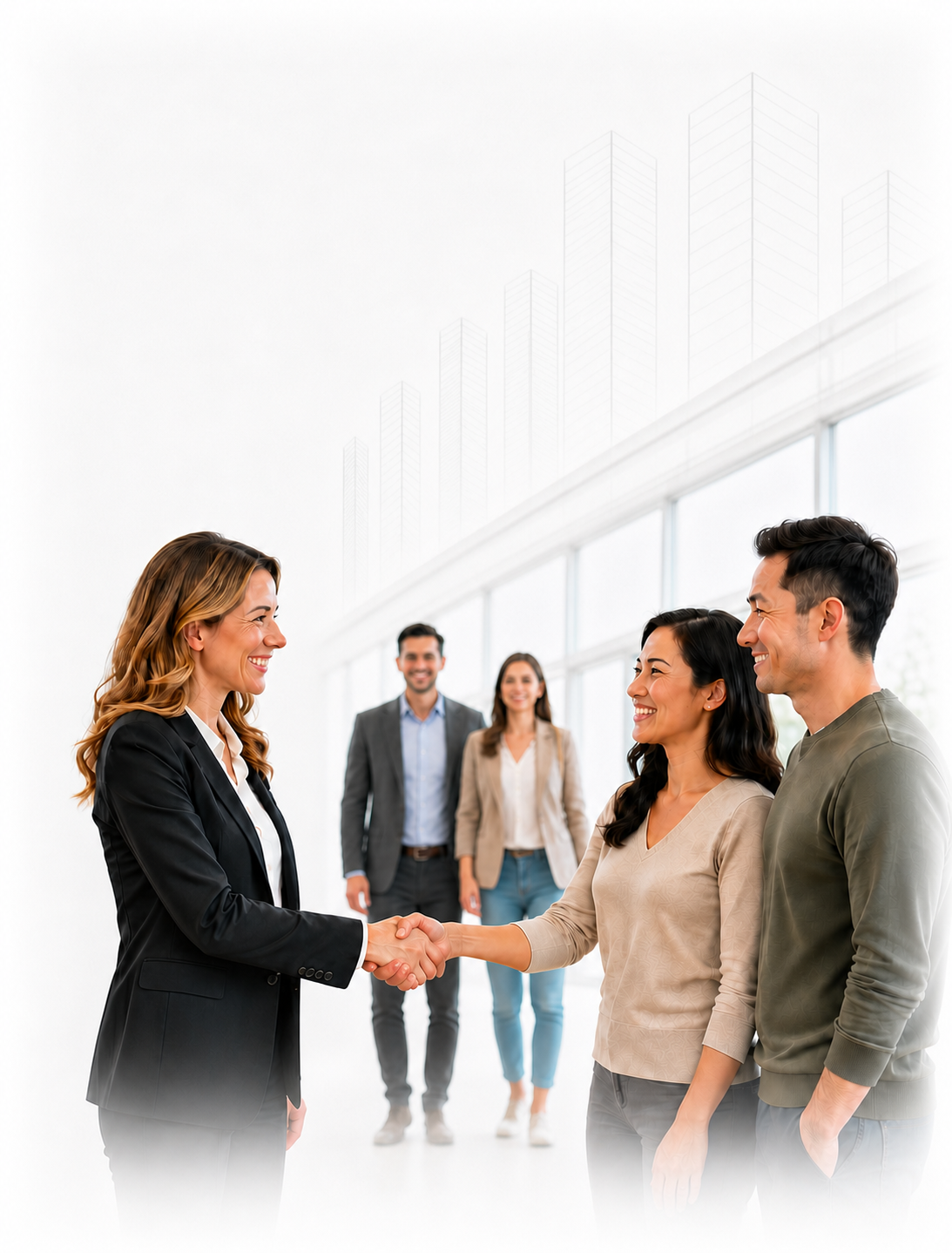 Mortgage agent greeting happy clients after the file moves forward.